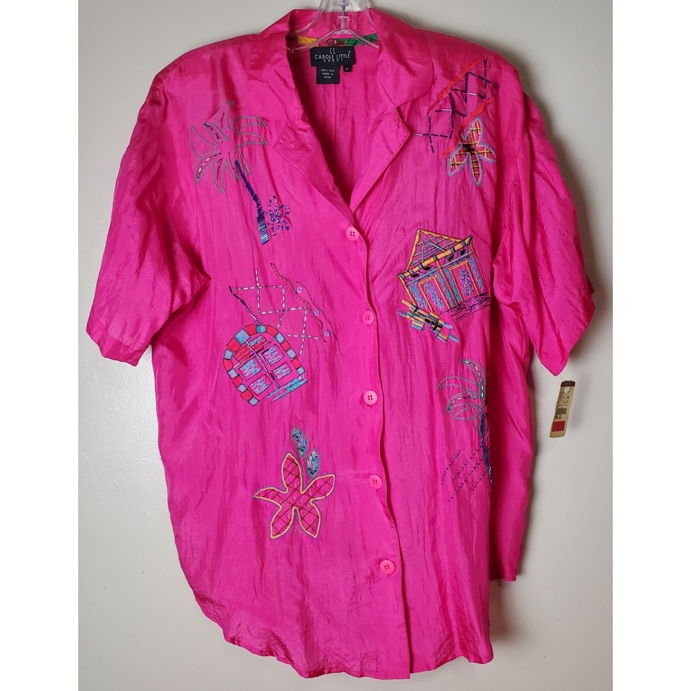 Vintage Carole‎ Little Silk Blouse Hot Pink Maximalist NOS Grandmacore Beaded